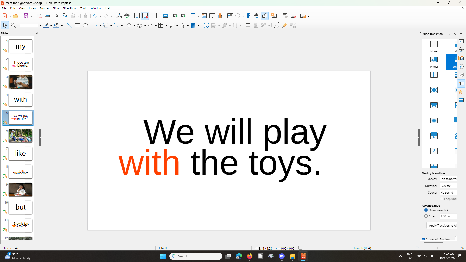 Screenshot (208) Shows LibreOffice file with a slide that says "We will play with the toys."